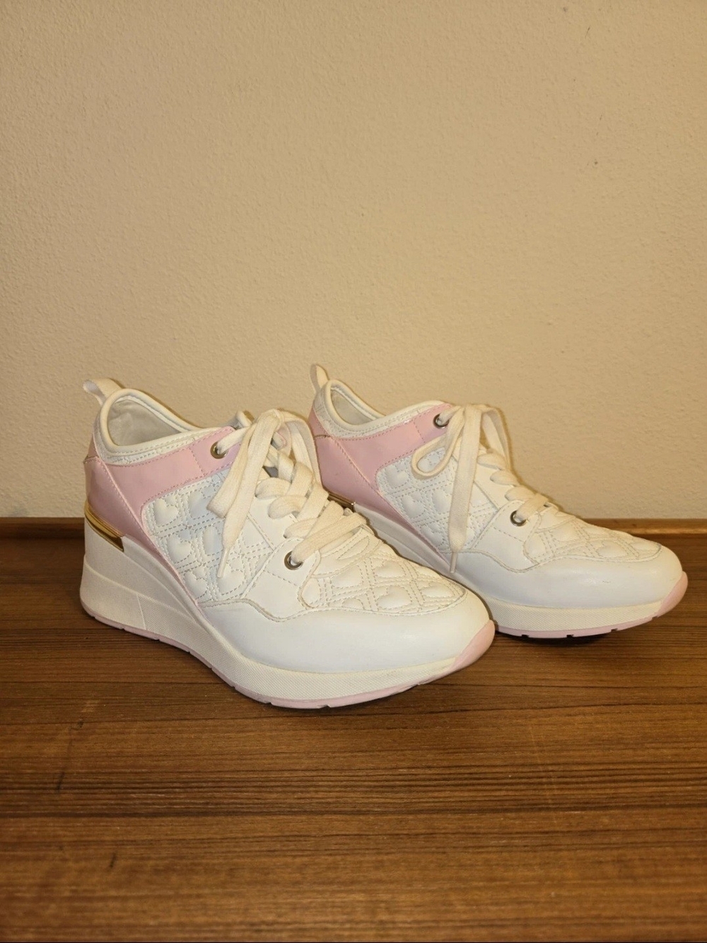 Women’s White and Light Pink Heart Wedge Sneakers